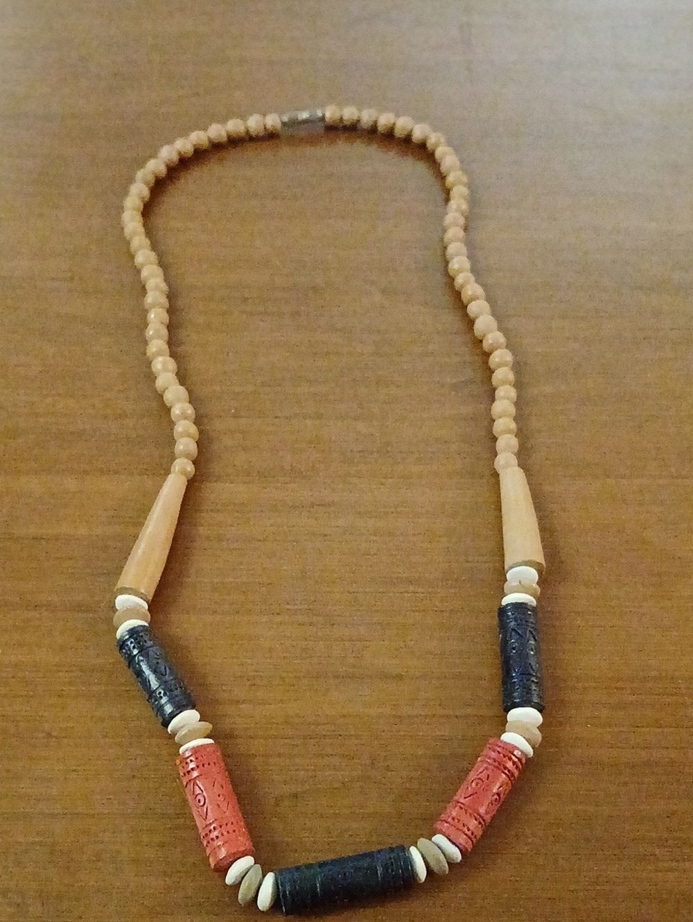 Beaded Tribal Style Necklace in Coral, Black and Cream